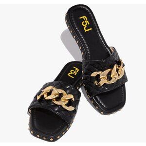 FSJ Black Square Open Toe Flat Thick Sole Cushion Sandals Gold Chain Shoes